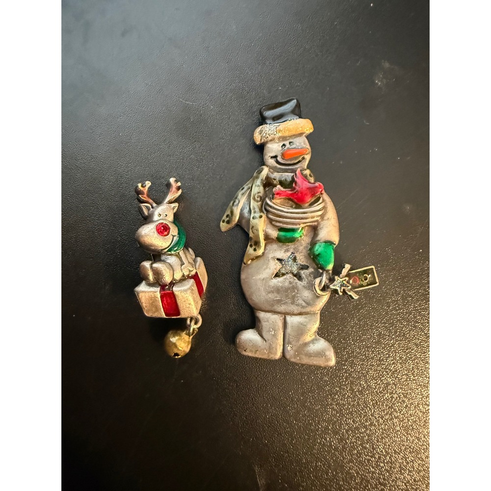 Vintage Silver Tone Snowman Reindeer Enamel Christmas Brooch Pin Set 2pc